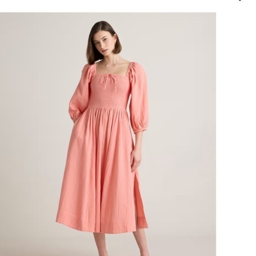 NWT 100% Organic Cotton Gauze Smocked Square Neck Midi Dress Cora